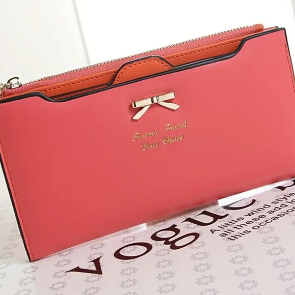 Cute Bowknot PU Leather Wallet, Watermelon Red, Long Zipper Clutch w Card Holder - Picture 2 of 8